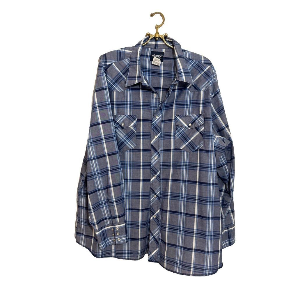Wrangler Shirt Mens 3XL Tall Blue Plaid Pearl Snap Western‎ Cowboy